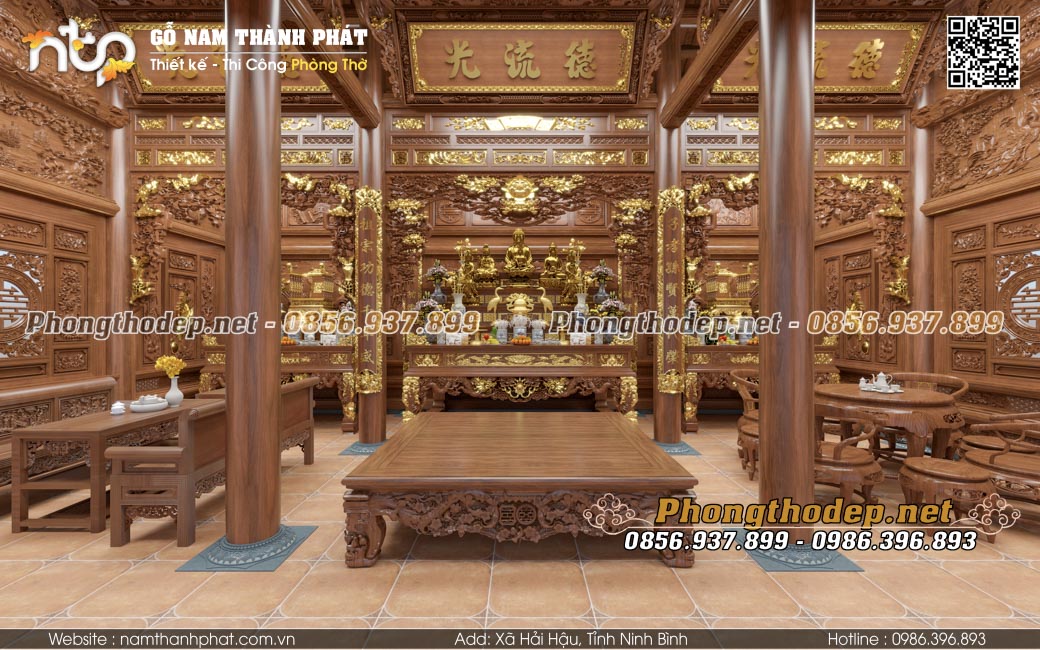 Nội thất nhà gỗ 3 gian thờ Phậtt trang nghiêm